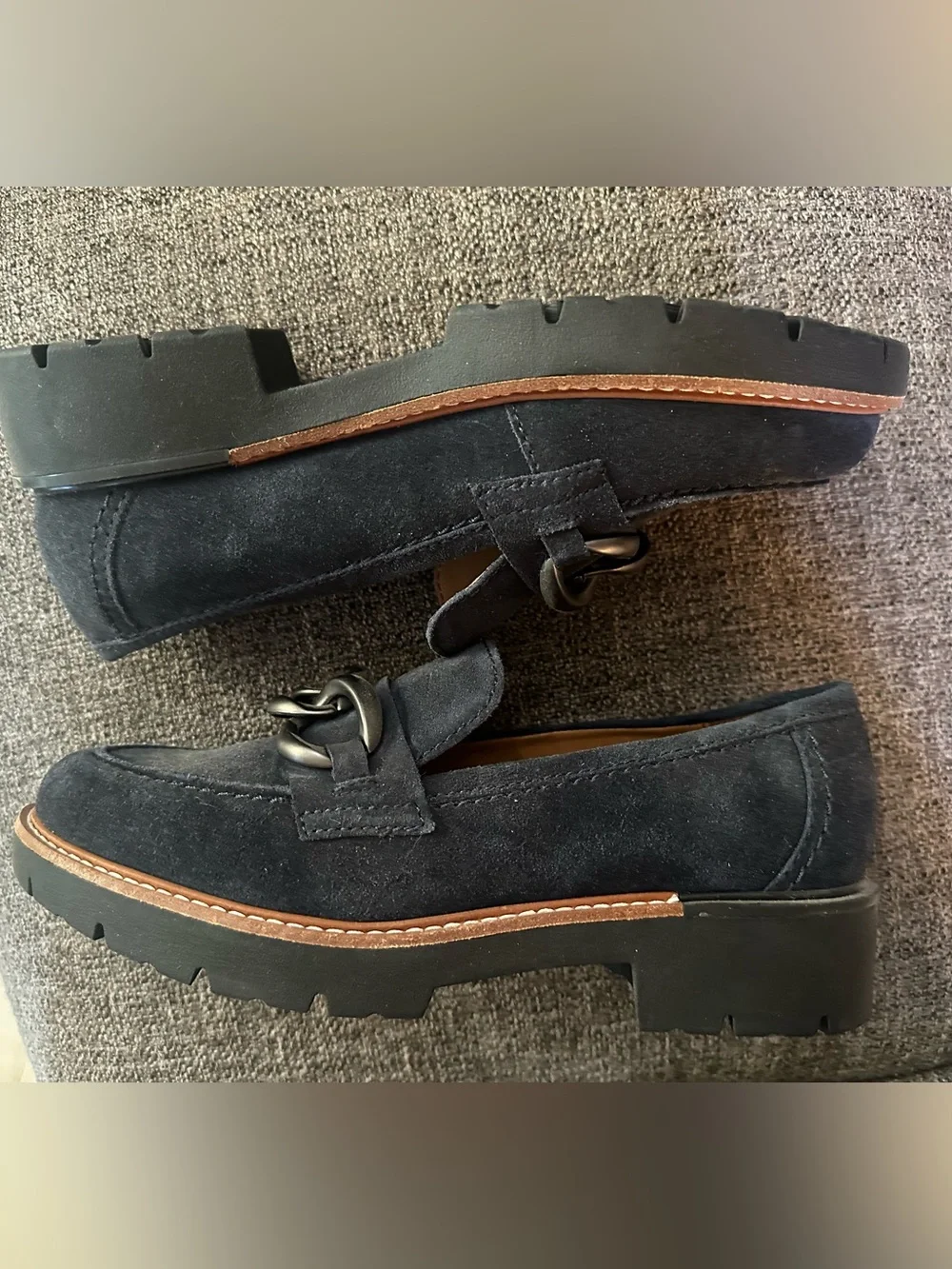 Earth Black Suede Loafers with Chunky Chain Accent
